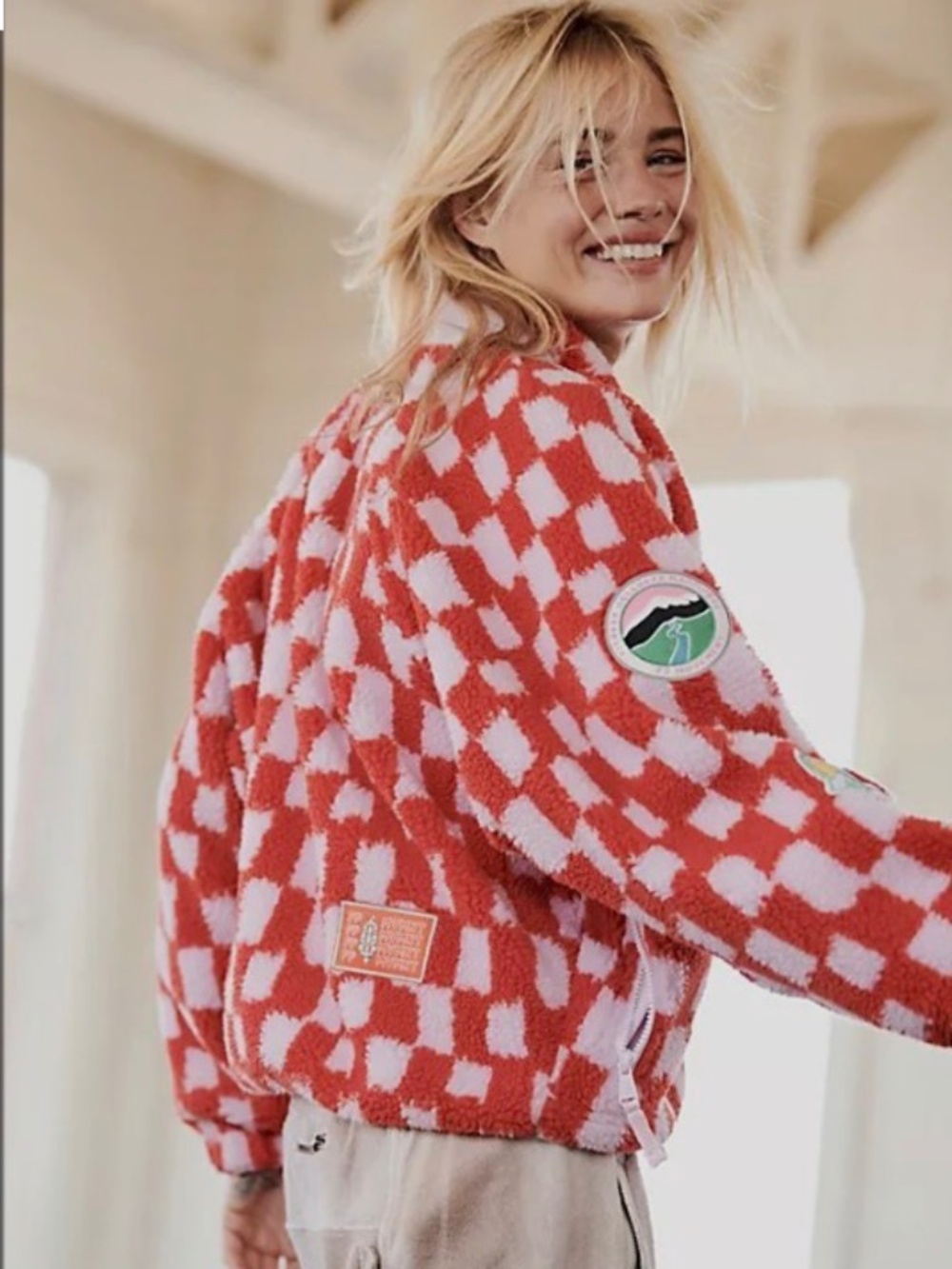 Free People Hit The Slopes Patch Pullover size small in red and pink RARE